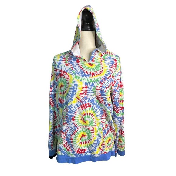 Lands End Hoodie Tye Dye Blue Yellow Blue Kangaroo Pocket Blue Cuffs & Hem XXL - Picture 4 of 6